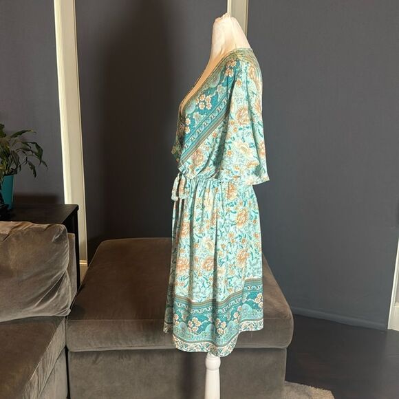 Women V-Neck Bohemian Blue Floral Print Short Summer Dress Cover Up Size 3XL NEW - Picture 8 of 14
